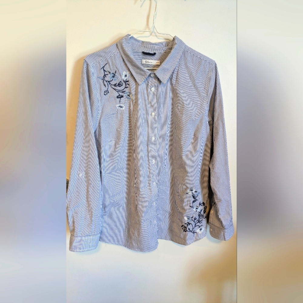 Blue Striped Jacket With Flower Embroidery